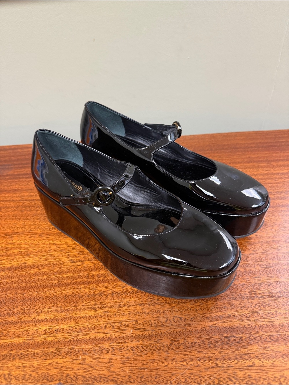 Larroude Black Patent Platform Mary Jane Pumps